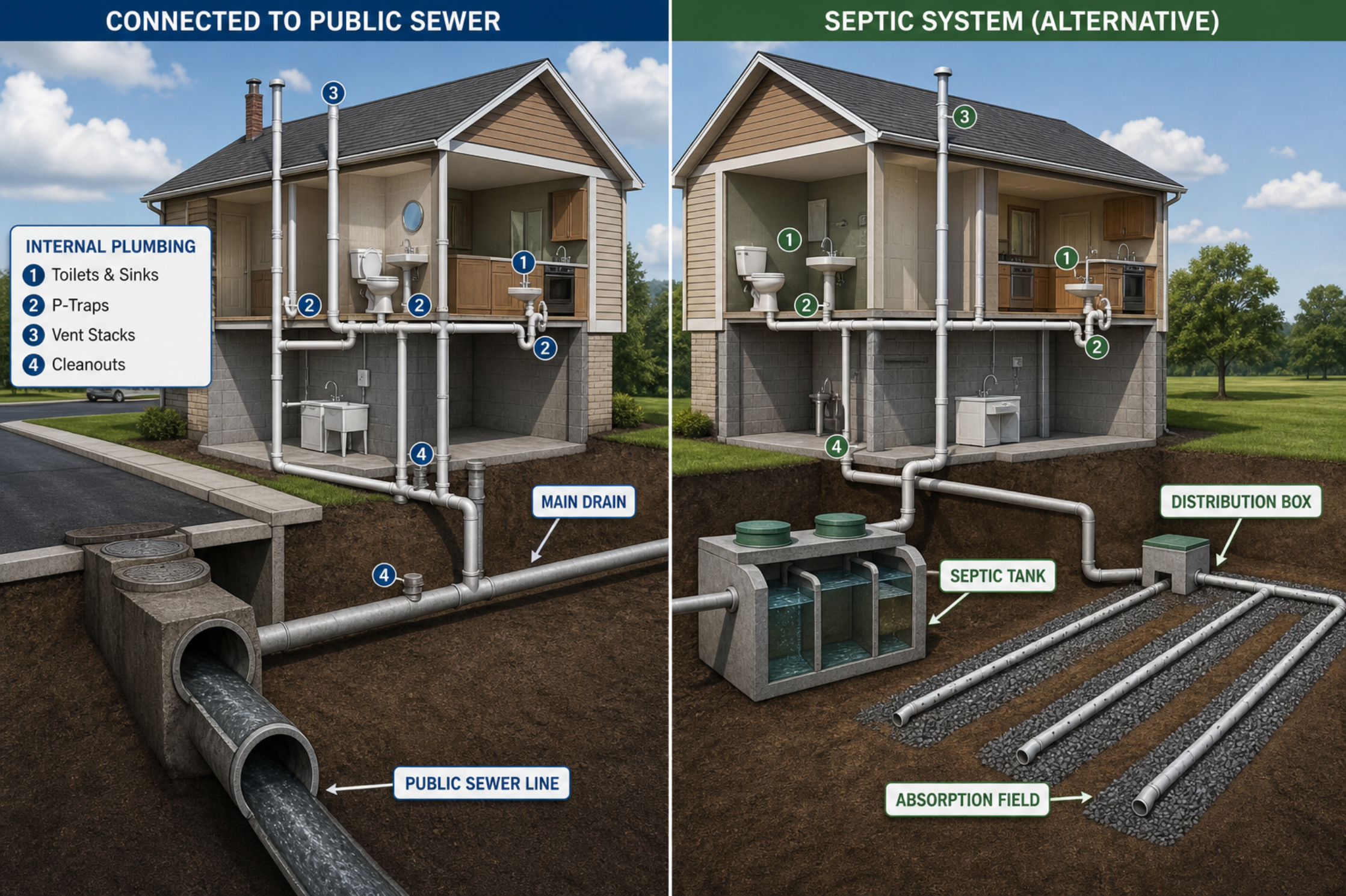 Public sewer connection versus on-site septic system shown in a residential cutaway