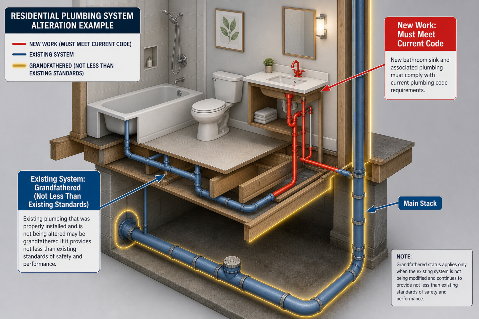 Residential plumbing system alteration — new work must meet current code while properly installed existing work may be grandfathered if not less than existing standards